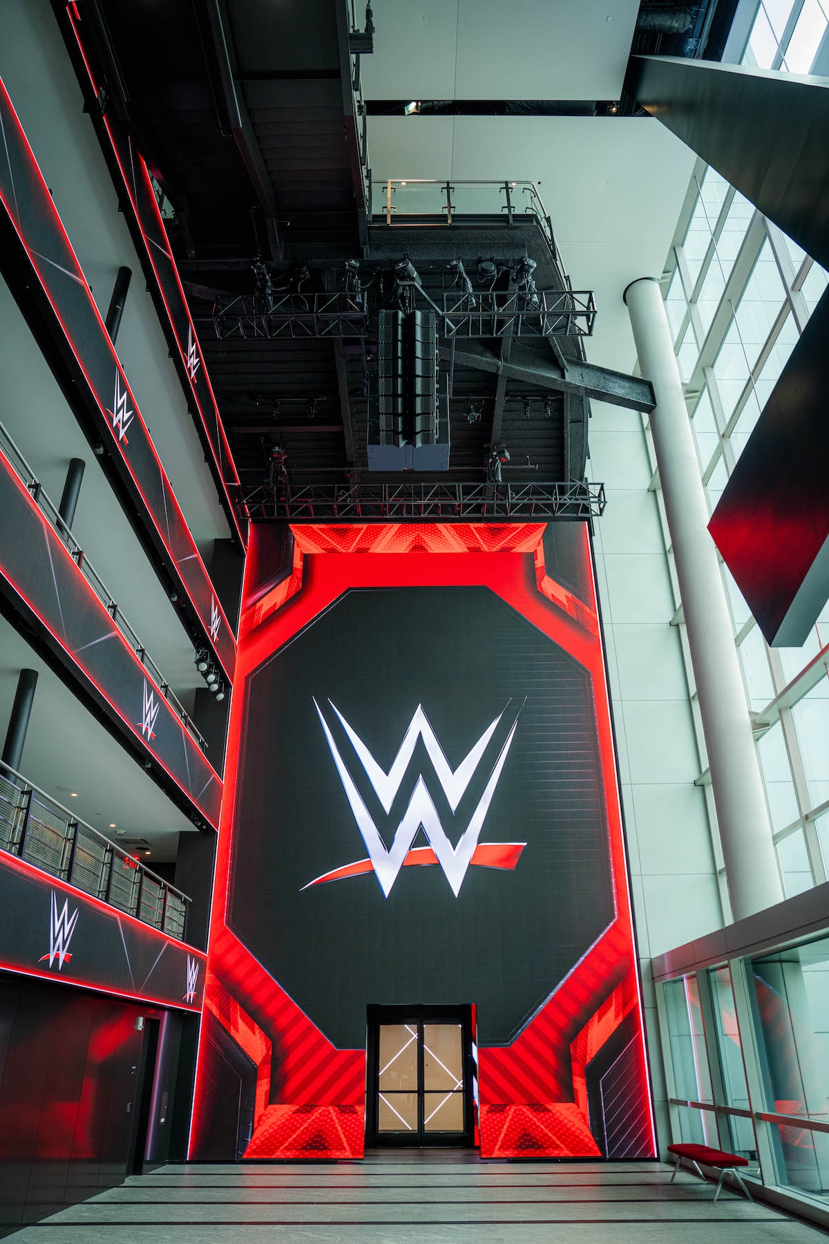 WWE corporate headquarters lobby with PK Sound system