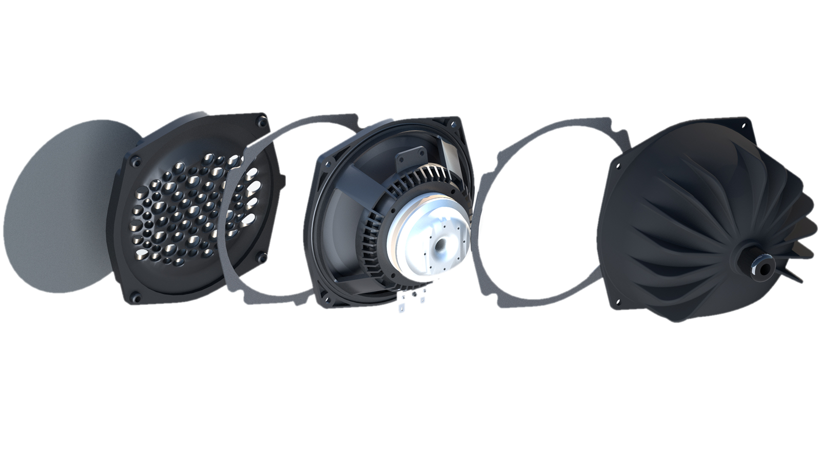 Exploded view of the Coherent Midrange Integrator waveguide assembly — grille, gaskets, coaxial driver and waveguide