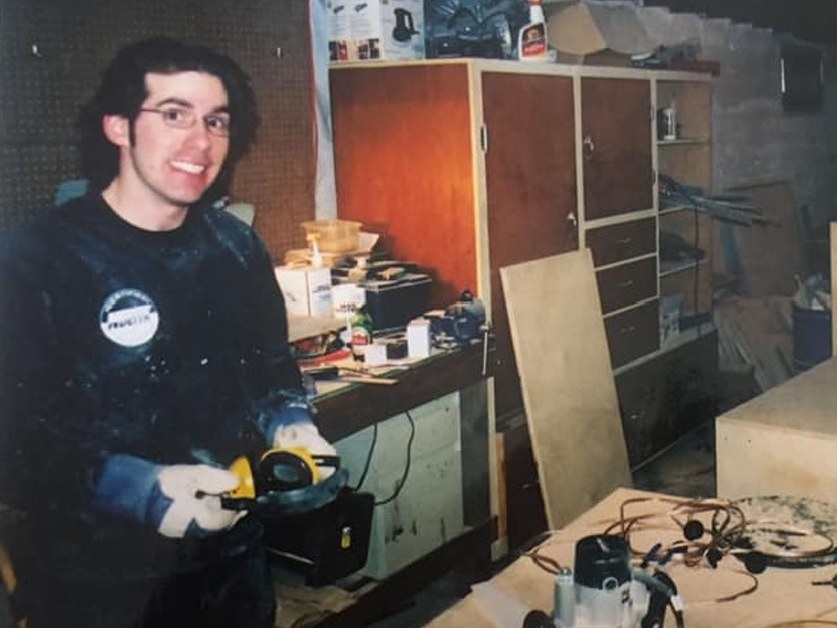 Jeremy Bridge building a loudspeaker cabinet in the workshop, 2002