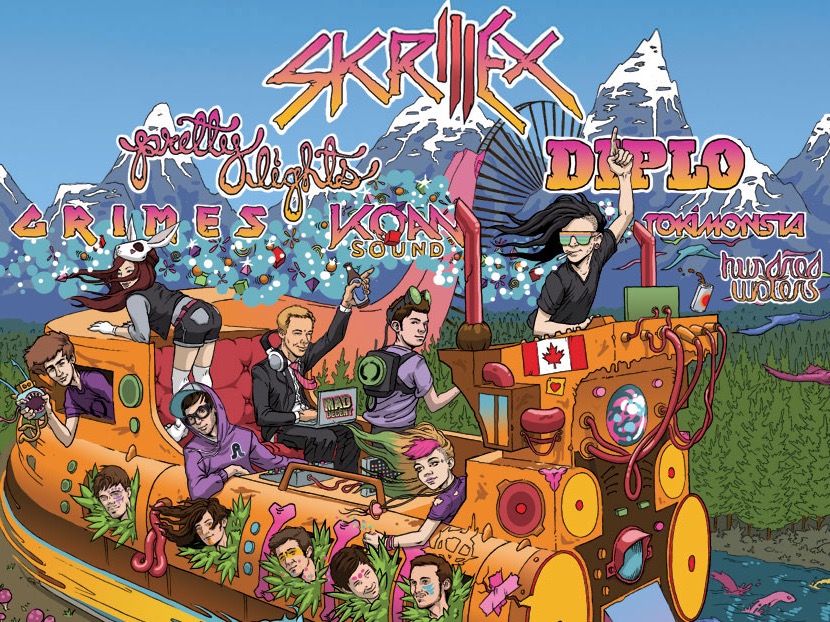 Full Flex Express tour artwork with Skrillex, Pretty Lights, Diplo and Grimes riding an illustrated train